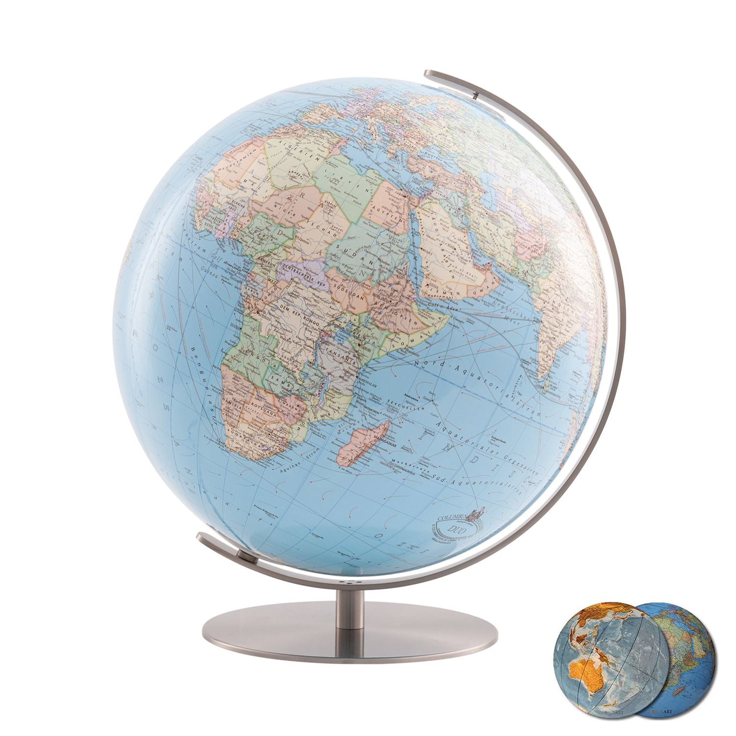 Columbus DUO Illuminated Globe, Desk Globe, D 400 mm, Stainless Steel, Various Variants