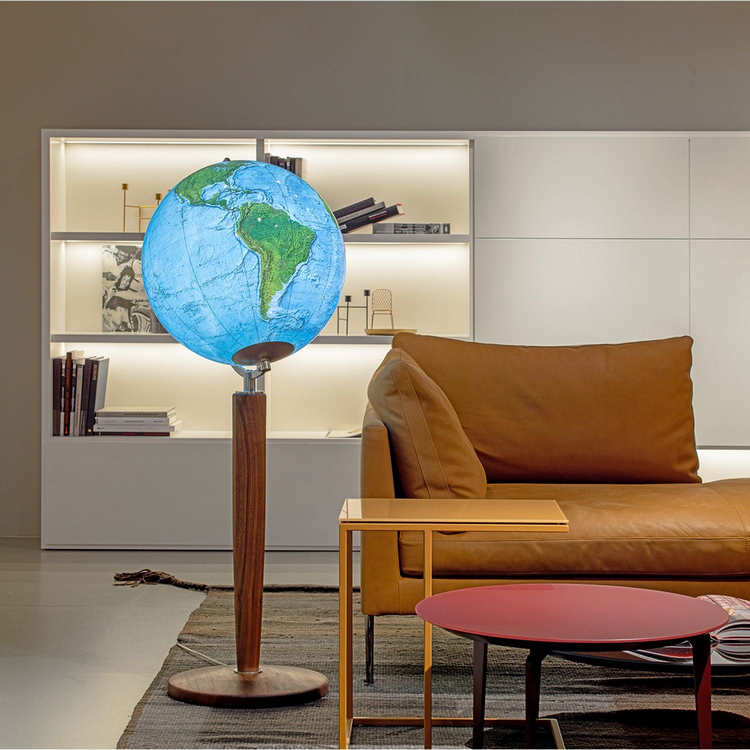 Columbus DUO ALBA Floor Globe Khan 51 cm dia, Crystal Glass and Walnut Column Base