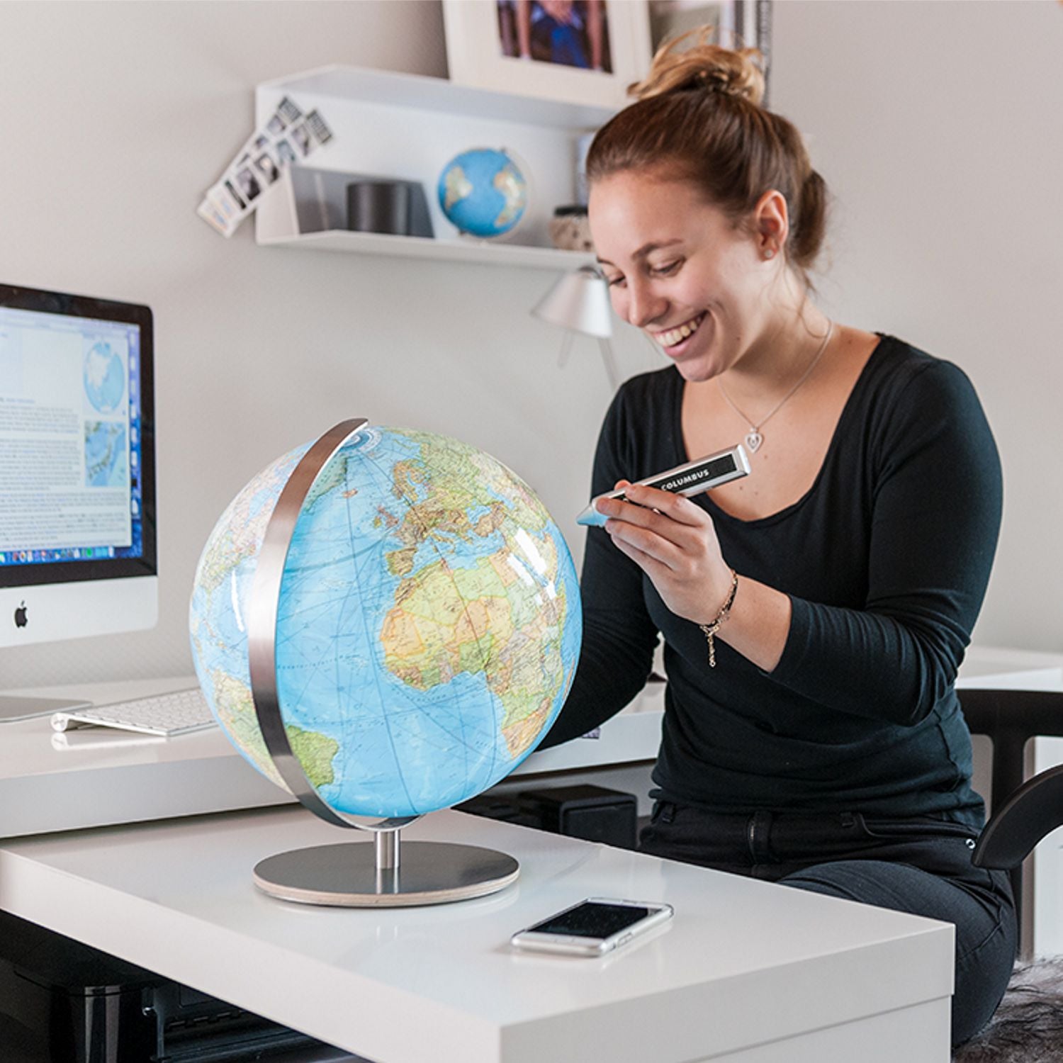 Columbus DUO Student Desk Globe, 30 cm Diameter, Acrylic Glass, Stainless Steel and Wooden Base