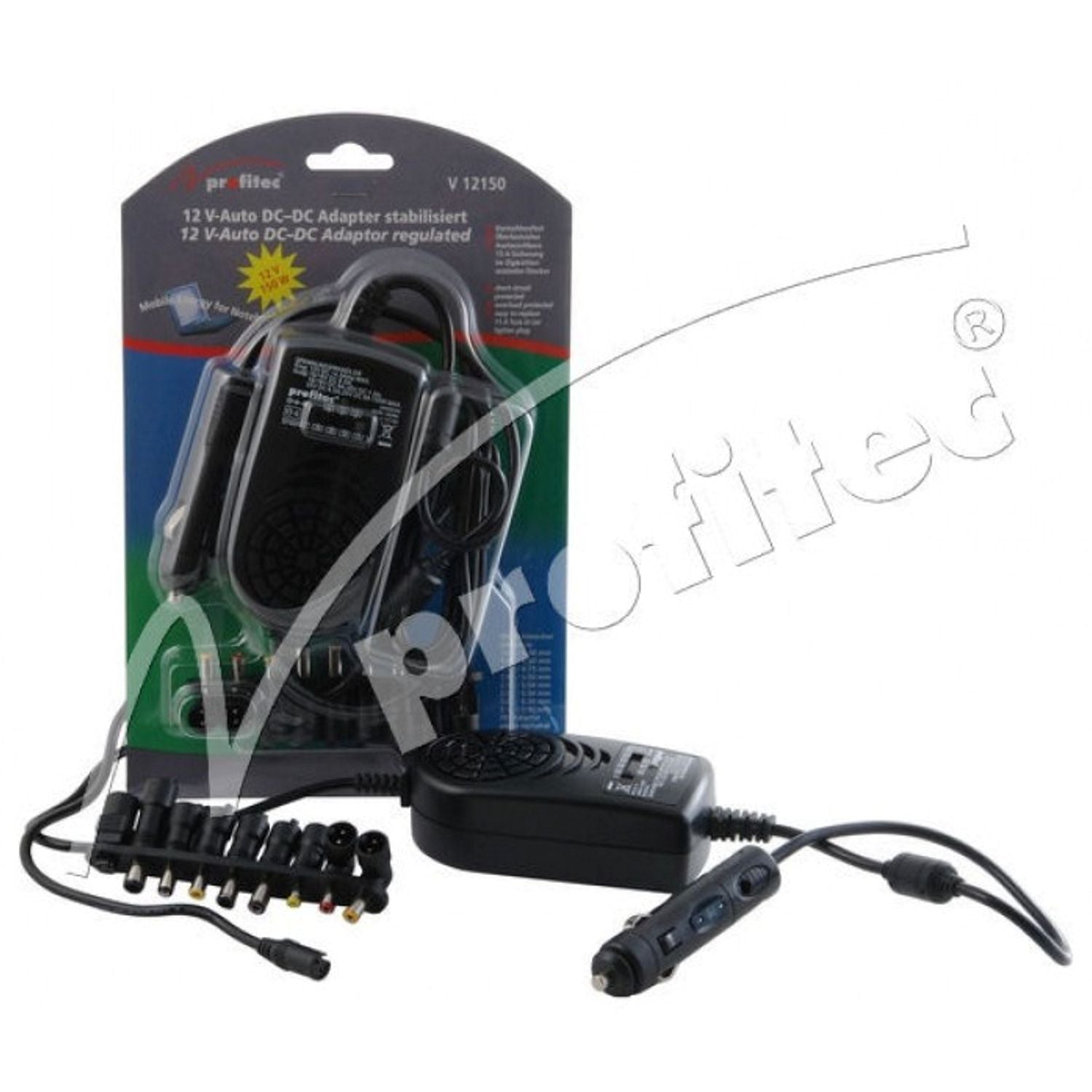 Profitec Car DC-DC Voltage Converter 8000 mA 11-16 Volt, 10 Different Plug Adapters